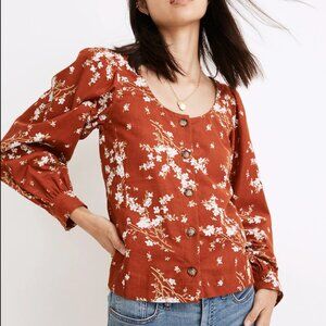 NWT Madewell Corduroy Shirred-Sleeve Button-Front Top in Brick Red Color